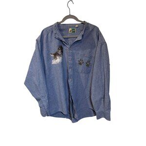 Vintage Johnny Cotton XL Blue Denim Shirt With Wolf & Paw Prints Design